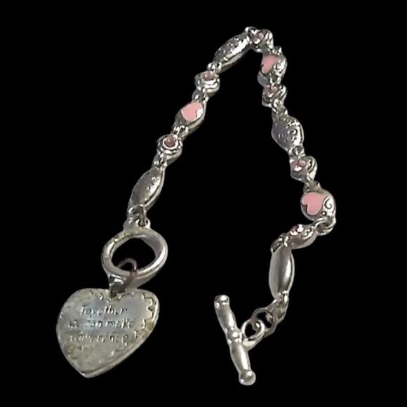 Together We Can Make A Difference Silver-tone Pink Enamel Hearts Crystal Bracele - Picture 6 of 13